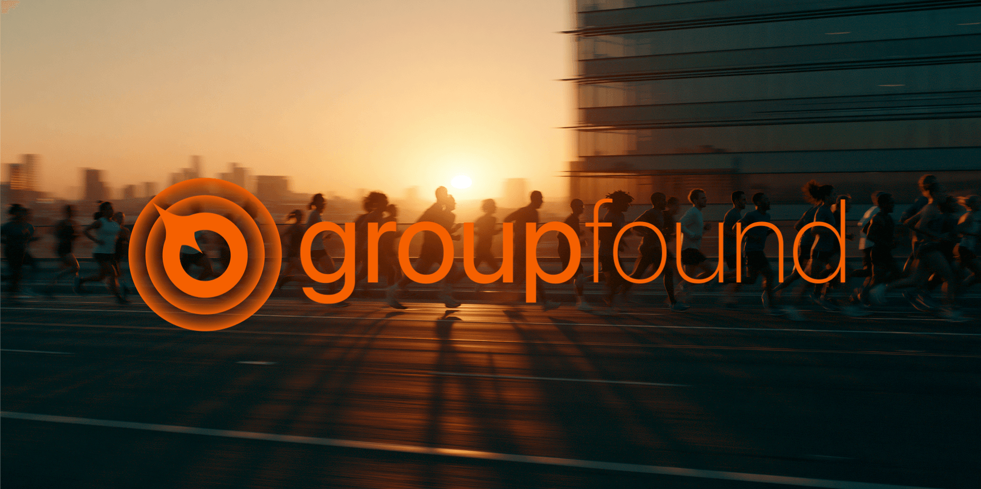 Runners moving together at sunrise in front of the Groupfound wordmark.