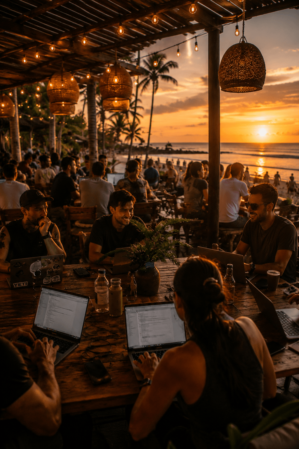 Founders co-working together at a beachside table at sunset — a Circle, in real life.