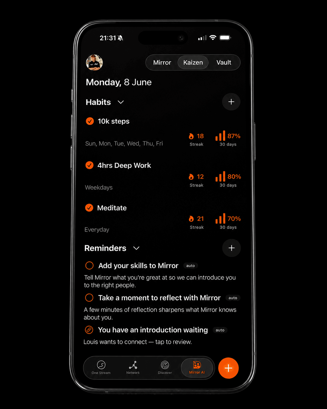 The Kaizen habits screen — daily habits, streaks and reflective reminders.