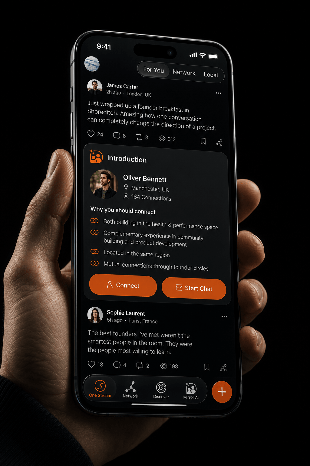 The One Stream feed on a phone — introductions, posts and circles in one high-signal place.
