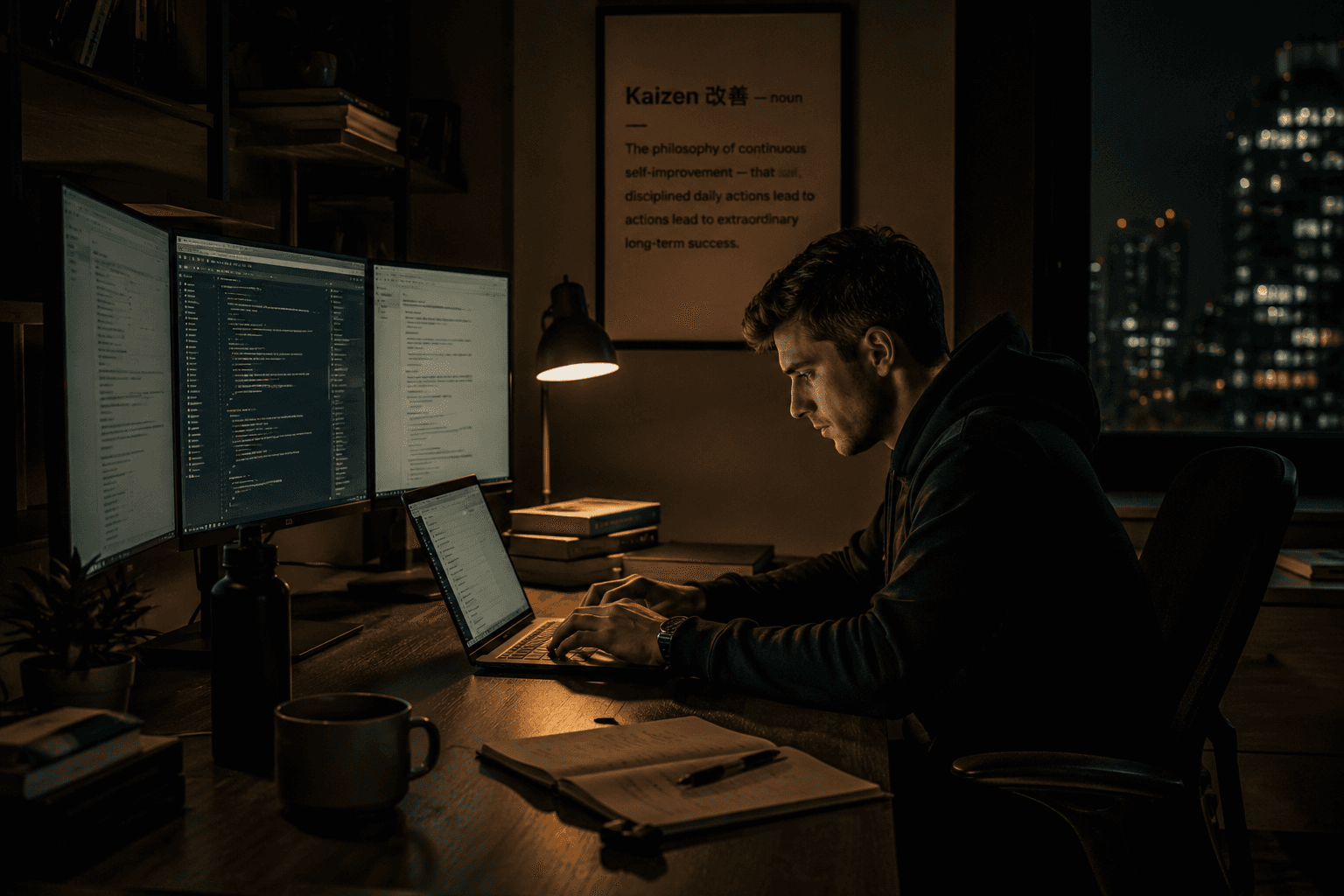 A young founder working alone at a desk late at night, cold lighting, city lights beyond the window.